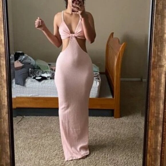 BODYCON CUT OUT SPLIT HEM MAXI DRESS BABY PINK - Picture 9 of 13